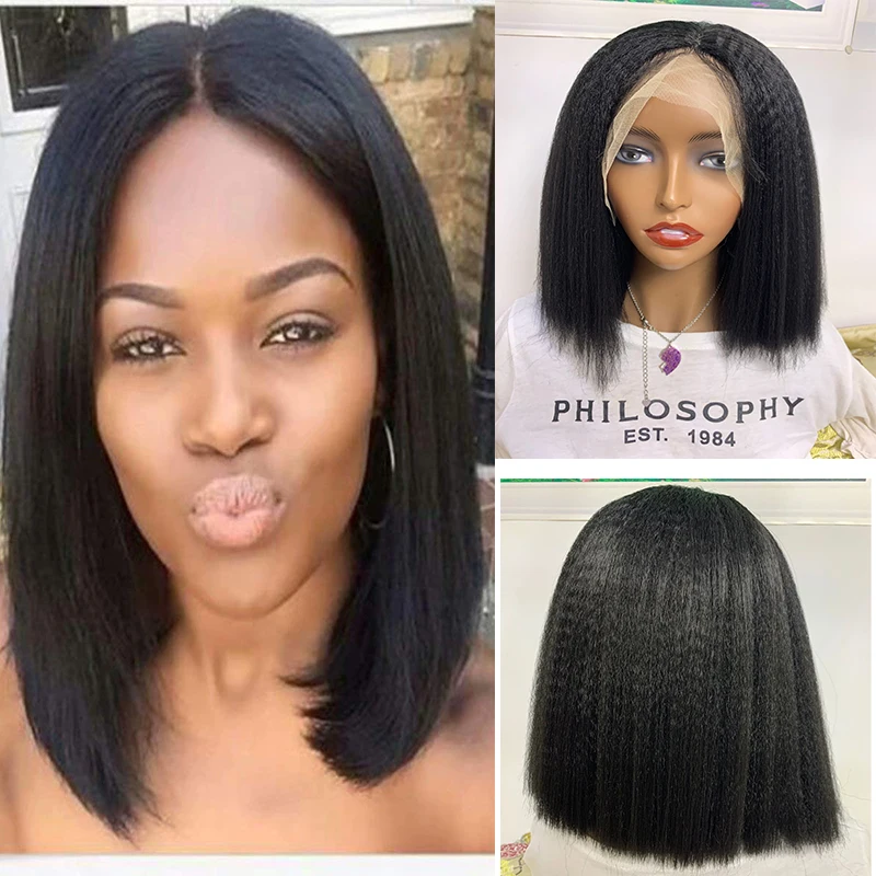 

Yaki 180% Density Short Cut Bob Kinky Straight Synthetic Lace Front Wig For Black Women Daily Cosplay Babyhair Natural Hiarline