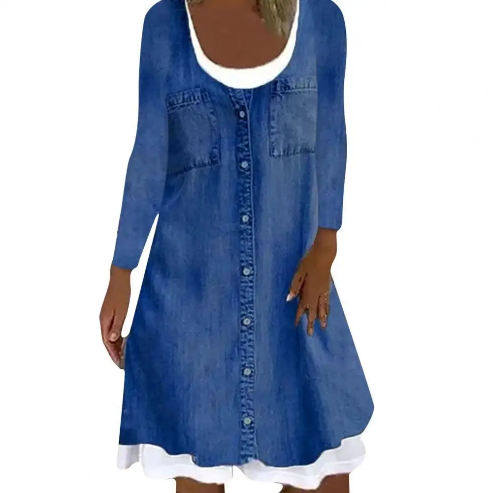 

Осеннее платье, женское однобортное джинсовое платье с имитацией двух предметов, с большим подолом, с круглым вырезом, уличная одежда