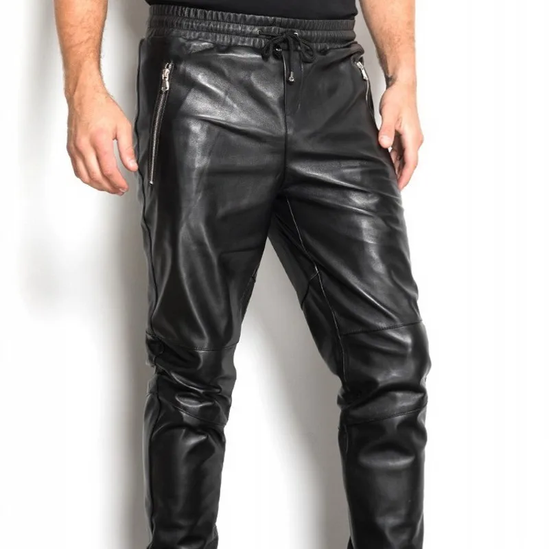 Высококачественные мужские длинные брюки из натуральной кожи модные штаны с