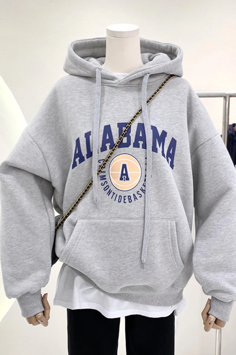 

Autumn/winter harbour style grey alphabet hoodie loose-fitting thickened street ladies casual jumper