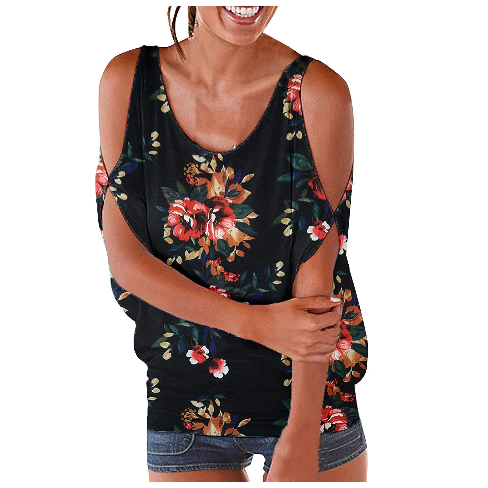 

Модная блузка с цветочным принтом, рубашка, топы с открытыми плечами и круглым вырезом, Летние повседневные женские топы, женские блузы с ко...