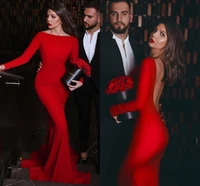 red backless sexy evening dresses long vestidos de fiesta de noche boat neck full sleeves elegant mermaid prom party gown