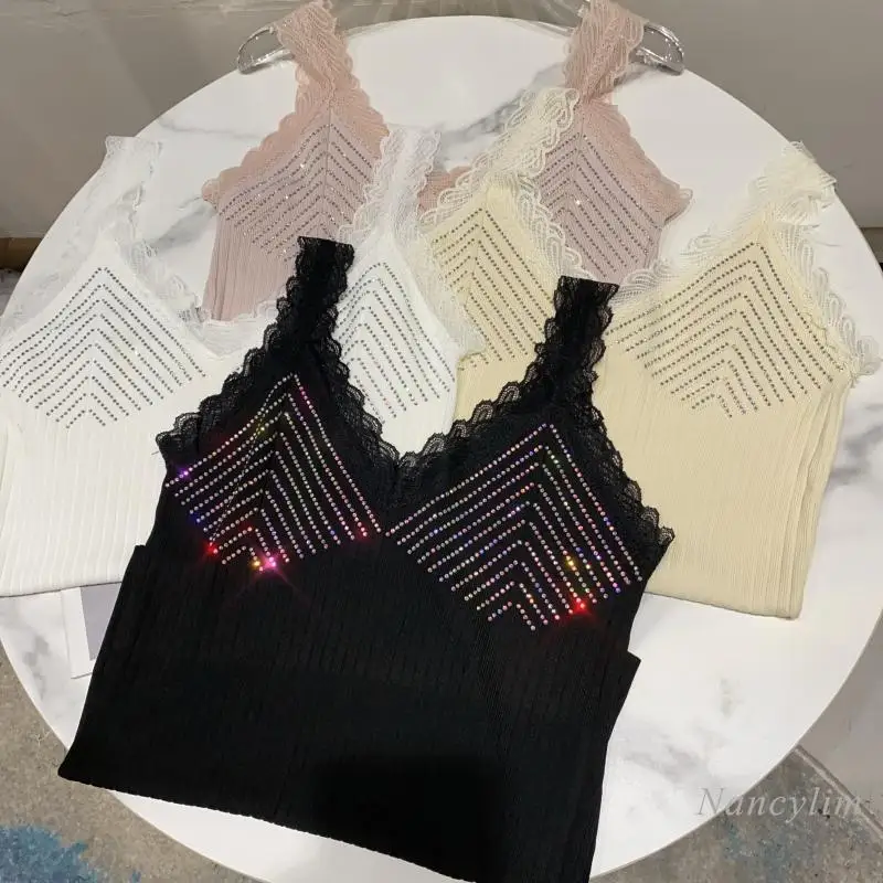 

Tanks for Women New Slanted Stripe Rhinestone Lace Shoulder Strap Elastic Outdwear Knitted Vest Top Femme 2021 Summer