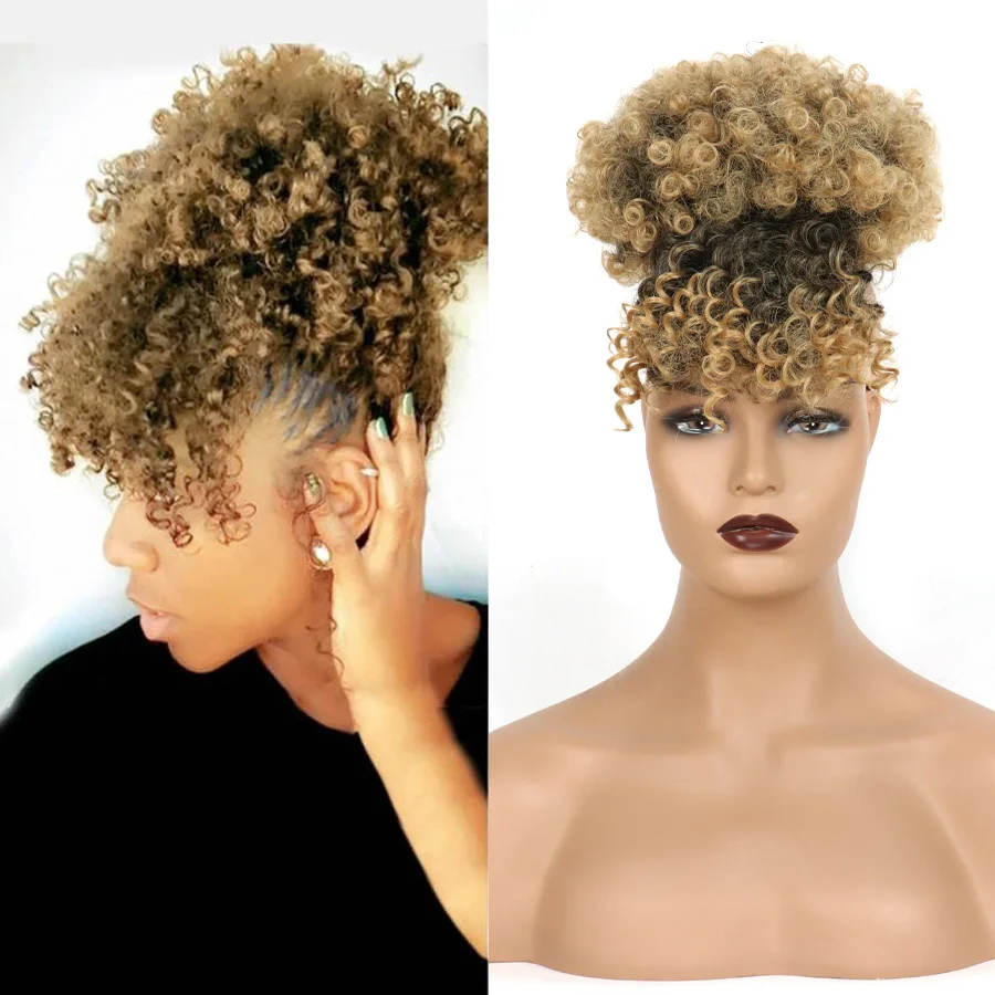 

Kong&Li High Puff Afro Kinky Curly Synthetic Ponytail with Bangs Ponytail Hair Extension Drawstring Short Afro Pony Tail Clip