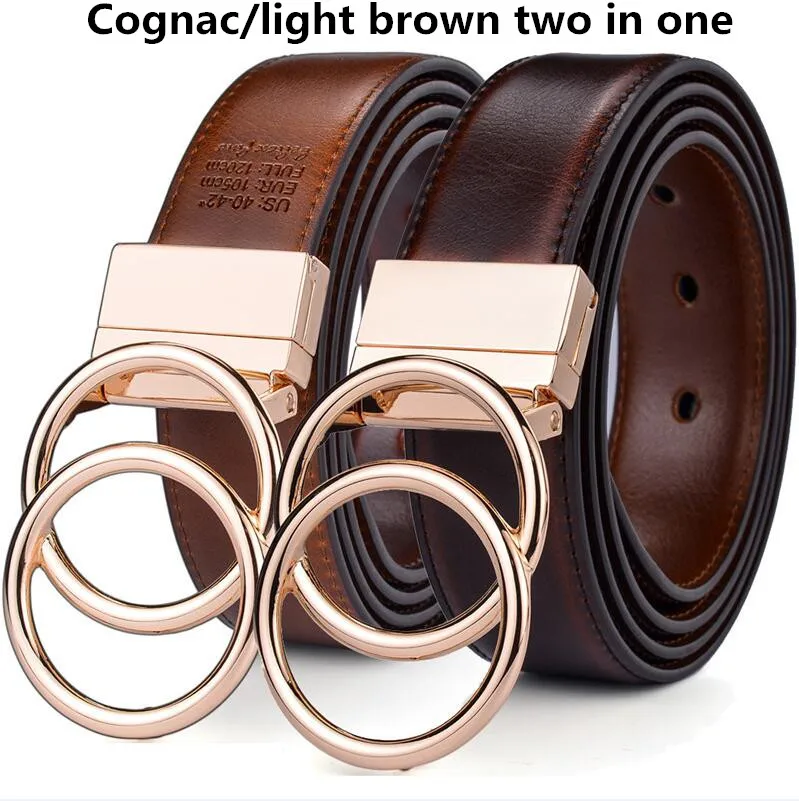 oo-Light Brown Cog Beltox мужской кожаный ремень 1," Реверсивный 2 в 1 вращается 2 кольца Золотая Пряжка ремни для женщин и мужчин - Цвет: oo-Light Brown Cog
