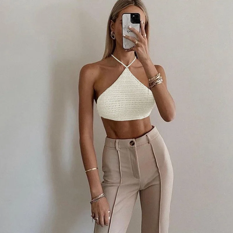 

Женский ТРИКОТАЖНЫЙ УКОРОЧЕННЫЙ ТОП на бретельках, бандажный облегающий пикантный топ с открытой спиной, элегантная уличная вечерние и клу...