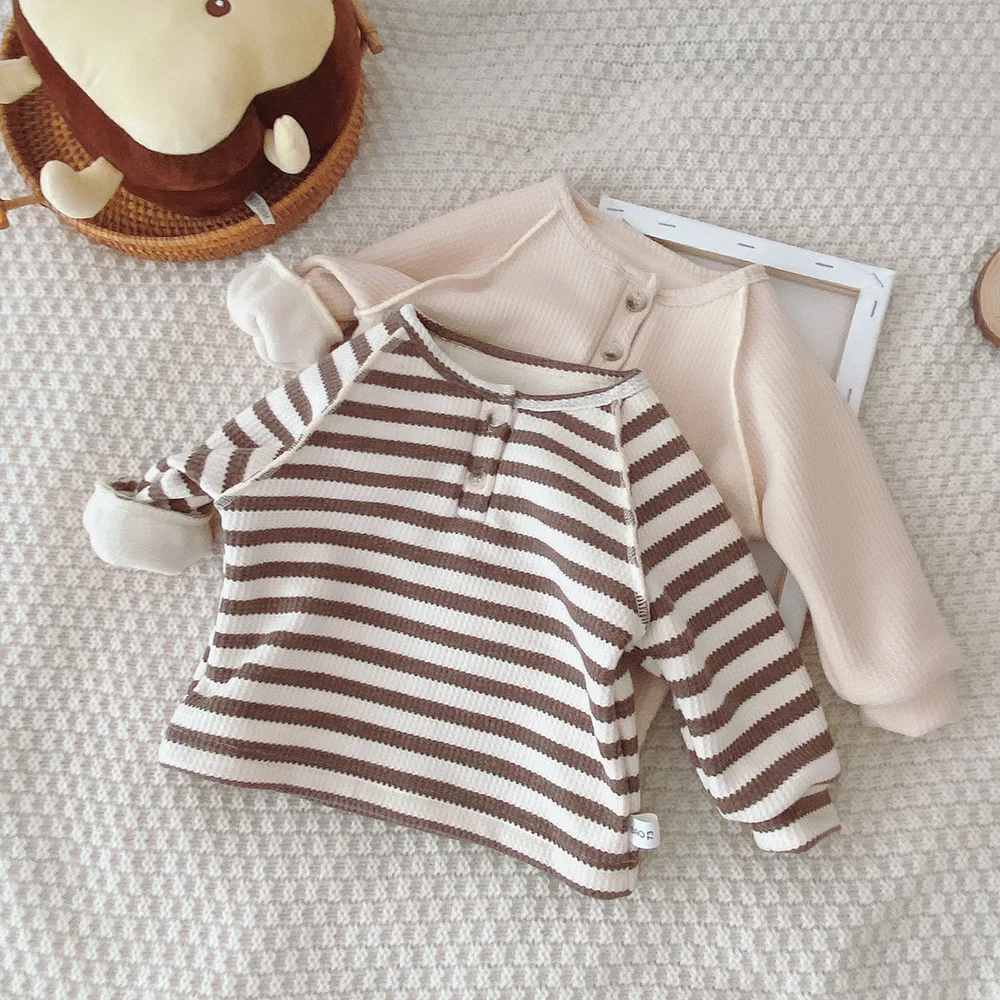 

0-3T High quality Plus cashmere Baby Girls Fashion top winter wear Korean stripe casual loose Long Sleeve T-Shirt Baby shirt