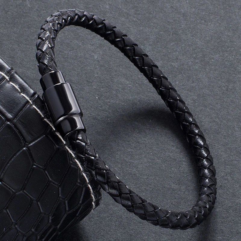 2019 Модный черный плетеный кожаный браслет для женщин и мужчин из нержавеющей