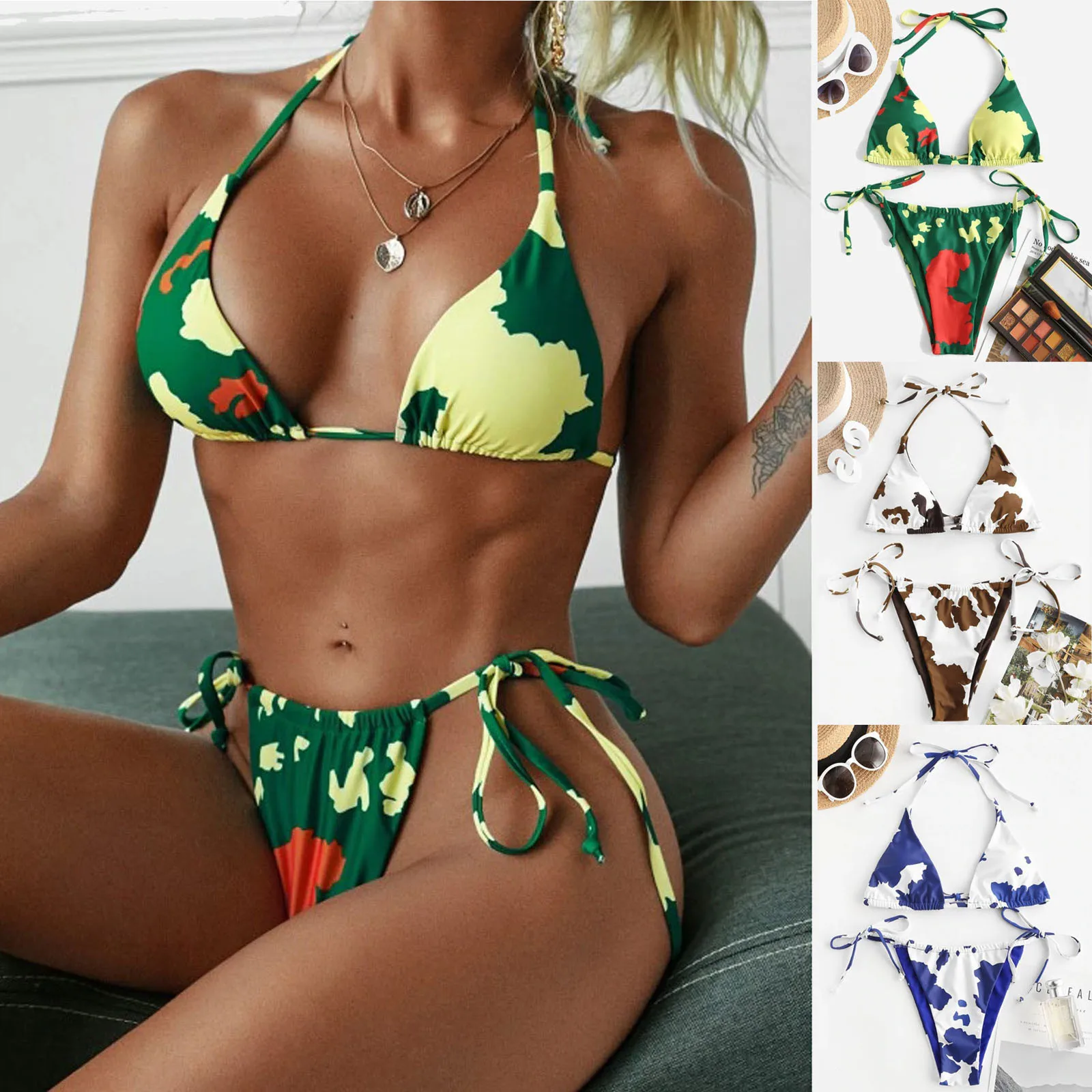 

Ladies Bandage Cream Print Low Waist Printed Bikini Swimsuit Split Two-piece Skinny Tankini Swimwear A20