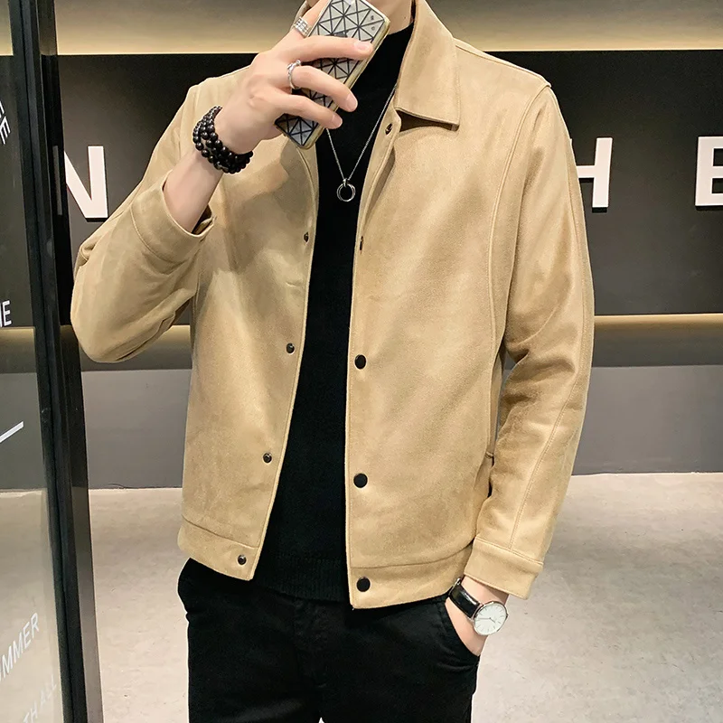 Мужская замшевая куртка с длинным рукавом повседневная приталенная