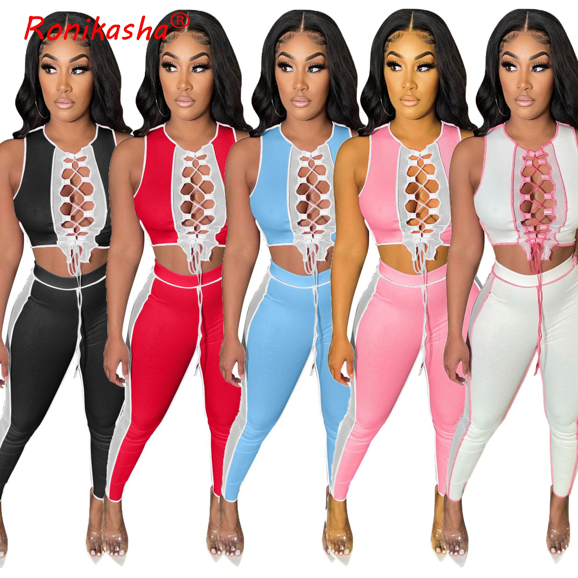 

Ronikasha Summer Women Two Piece Fashion Sexy Irregular Lace Up Strap Splicing Gauze Woman Hollow Hot Bodycon Sport Partywear