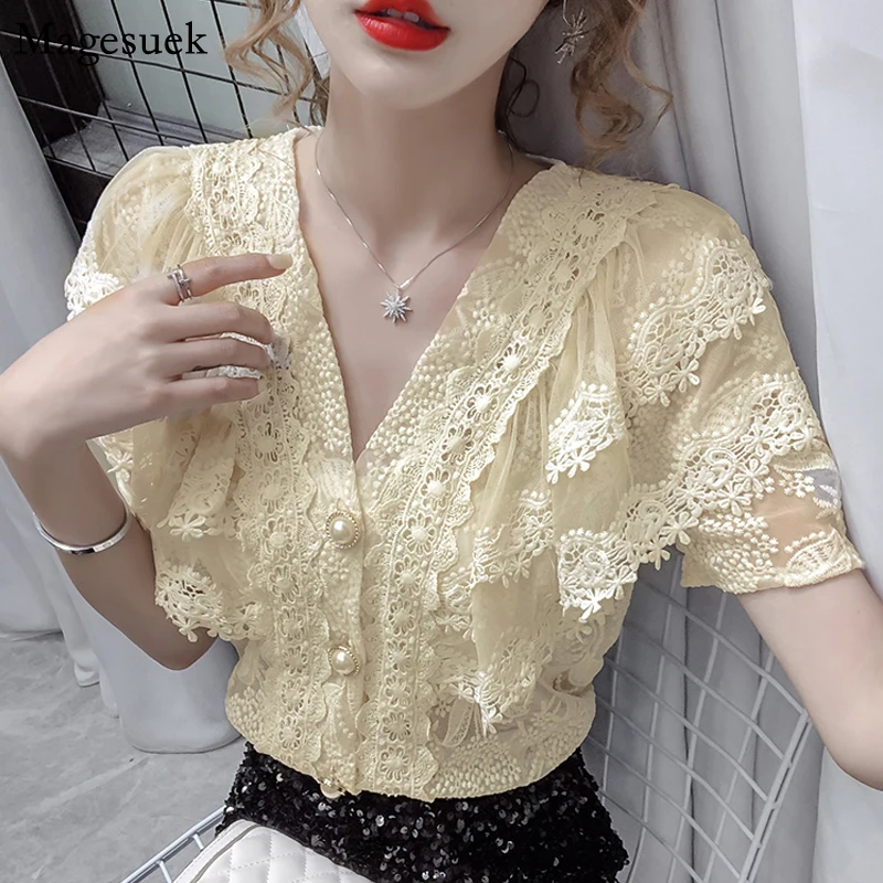 

Summer V-neck Croche Lace Shirt Women 2021 Hollow Sexy Ruffled Woman Blouses Elegant Sweet SlimShort Sleeve Blouse Tops 14175