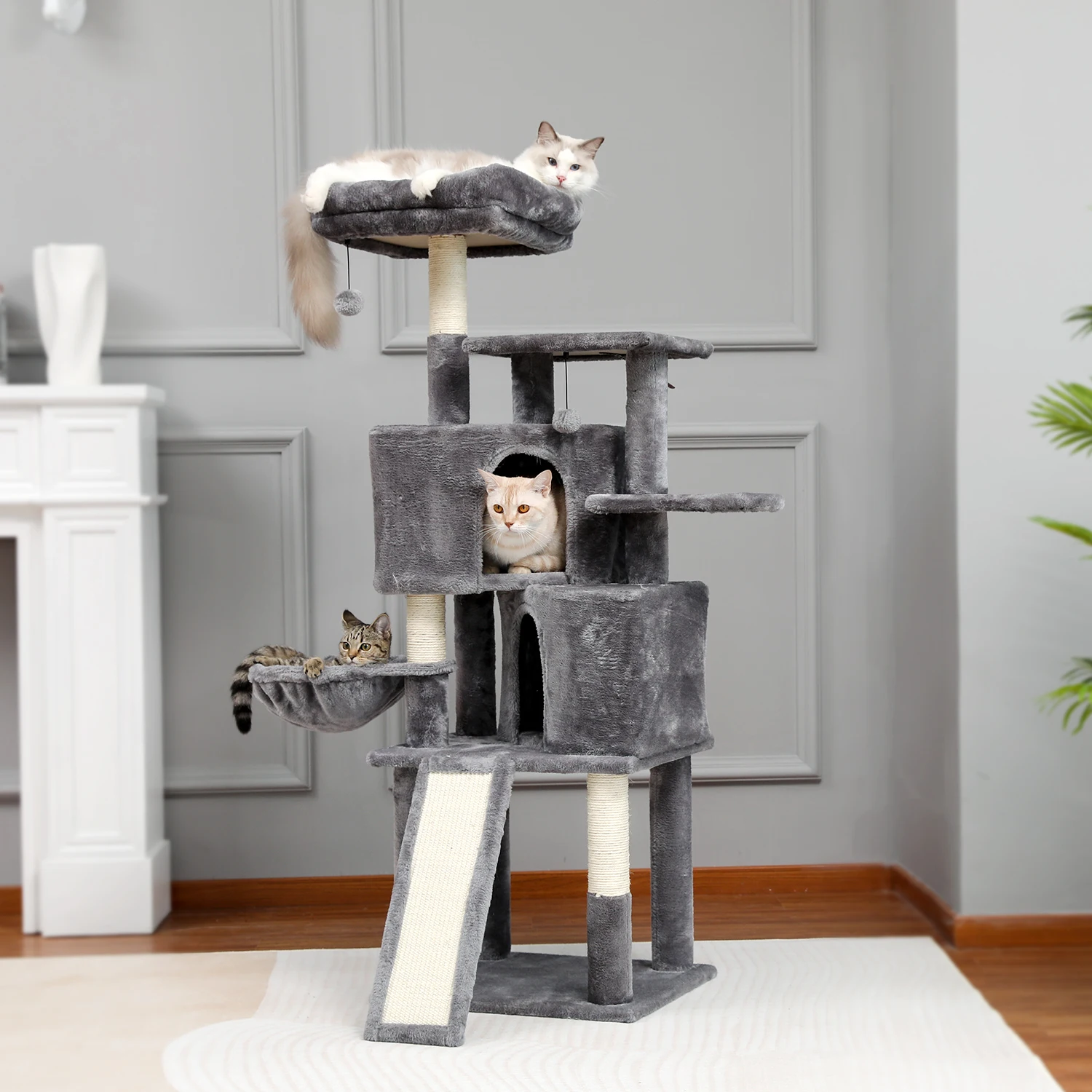

H148CM Cat Tree 2 Large Condos with Hammock Cat Towers Scrtacher Board Fluffy Mat Perch Fully Wrapped Cat Scratching Sisal Posts