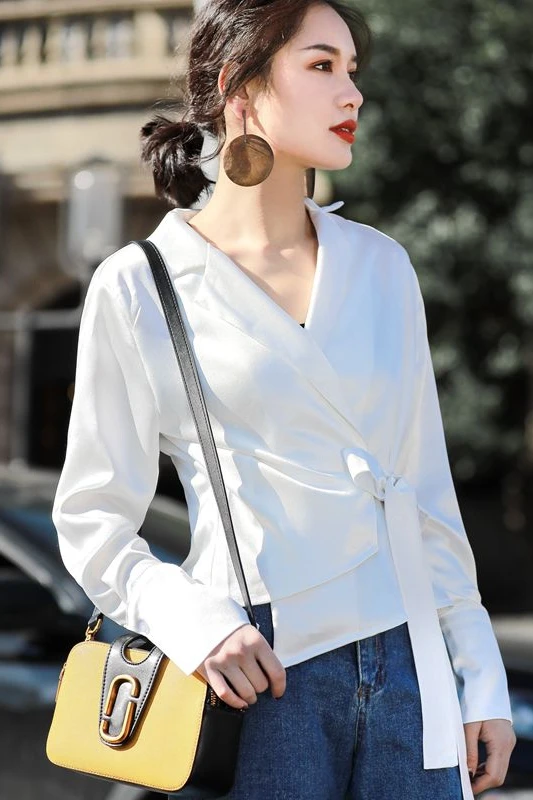 

ZCSMLL 2021 Temperament Blouse Bandage White Long Sleeve Lapel Irregular Short Loose Korean Style All-match Top