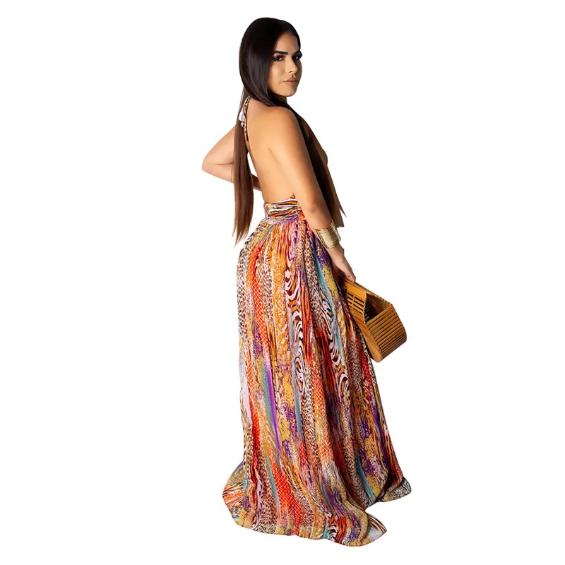 

2020 New Women's Sexy Halter Halter Neck Dress Tie Dye Rainbow Print Sleeveless High Slit Dress Summer Long dress