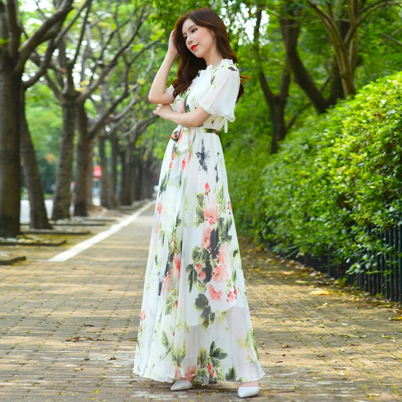 Женское шифоновое платье в стиле хиппи винтажное белое с цветочным принтом