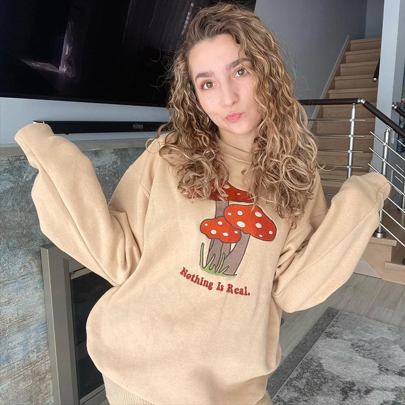 

Y2K Cute Streetwear Oversized Mushroom Embroidery Sweatshirts Goblincore Aesthetics Pullovers O Neck Long Sleeve Khaki Top
