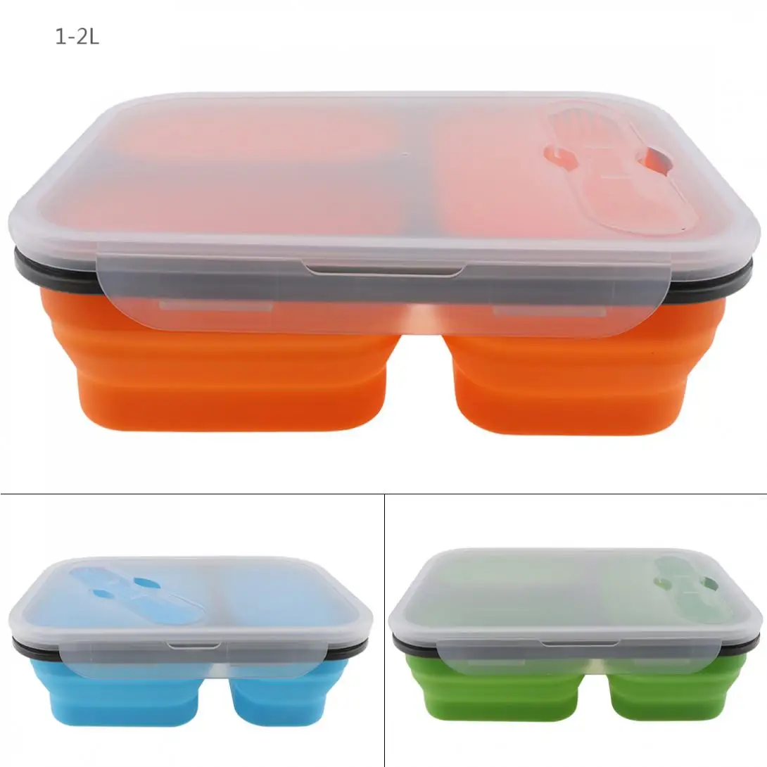 1350ML Three Lattice Rectangle Silicone Scalable Folding Lunchbox with Spoon Fork Dual Purpose Tableware for - 40~230 Centigrade