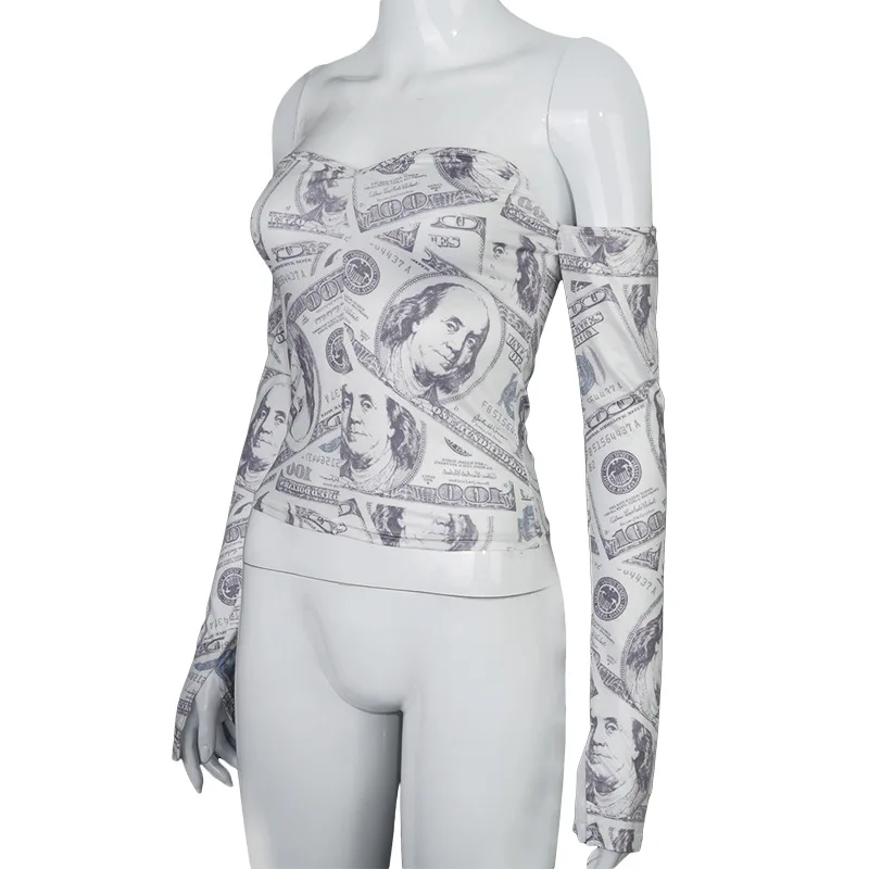 

Money Printed Off Shoulder Sexy Slash Neck Long Sleeve T Shirts Women Fashion Streetwear Slim Backless 2020New Design Streetwear