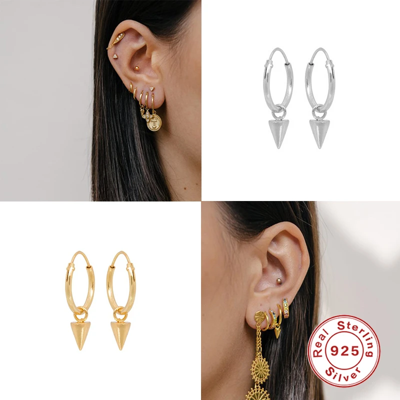 

BOAKO 925 Sterling Silver 10mm Mini Hoop Earrings Spike Huggies For Women Round Earrings Cone Pendant Loops Earring Luxury Jewel