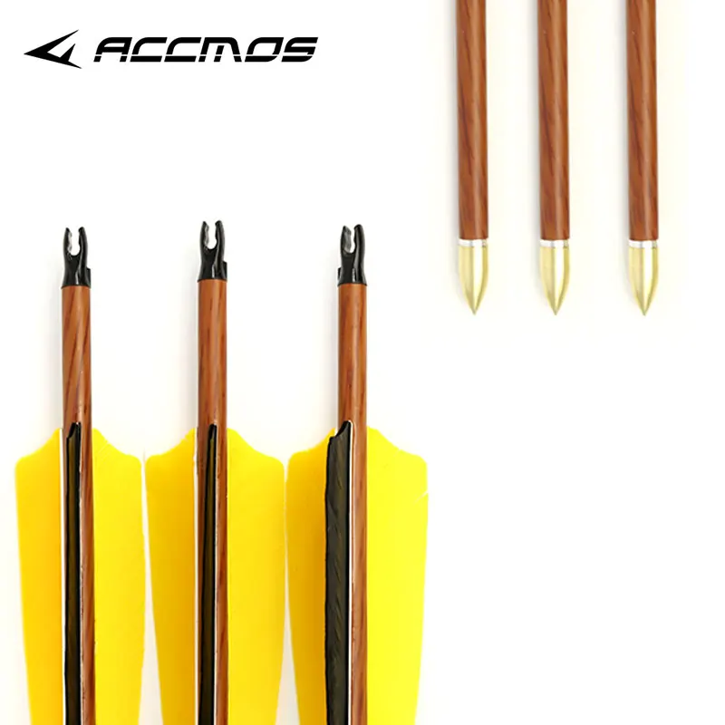 

12pcs 2Yellow 1Black Turkey Feather Wooden Skin Pure Carbon Arrows Spine 400 450 500 600 700 for Compound/Recurve Bow Shooting