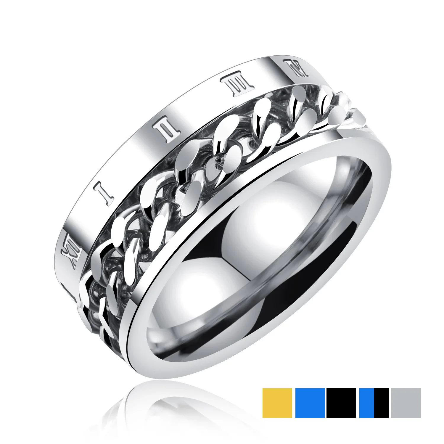 

Roman Numeral Ring Rotate Spinner Chain Link Men Rings Punk Rock Gold Blue Black Fashion Jewelry US Size 7-11