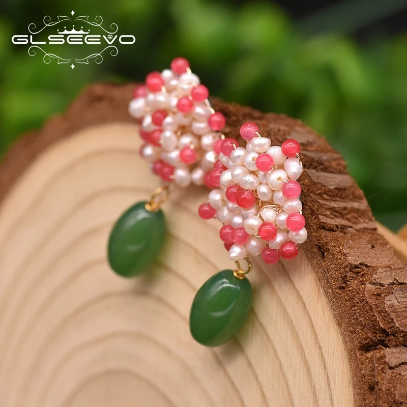 GLSEEVO зеленый агат цветок Модные Висячие серьги для женщин Свадебные подарки