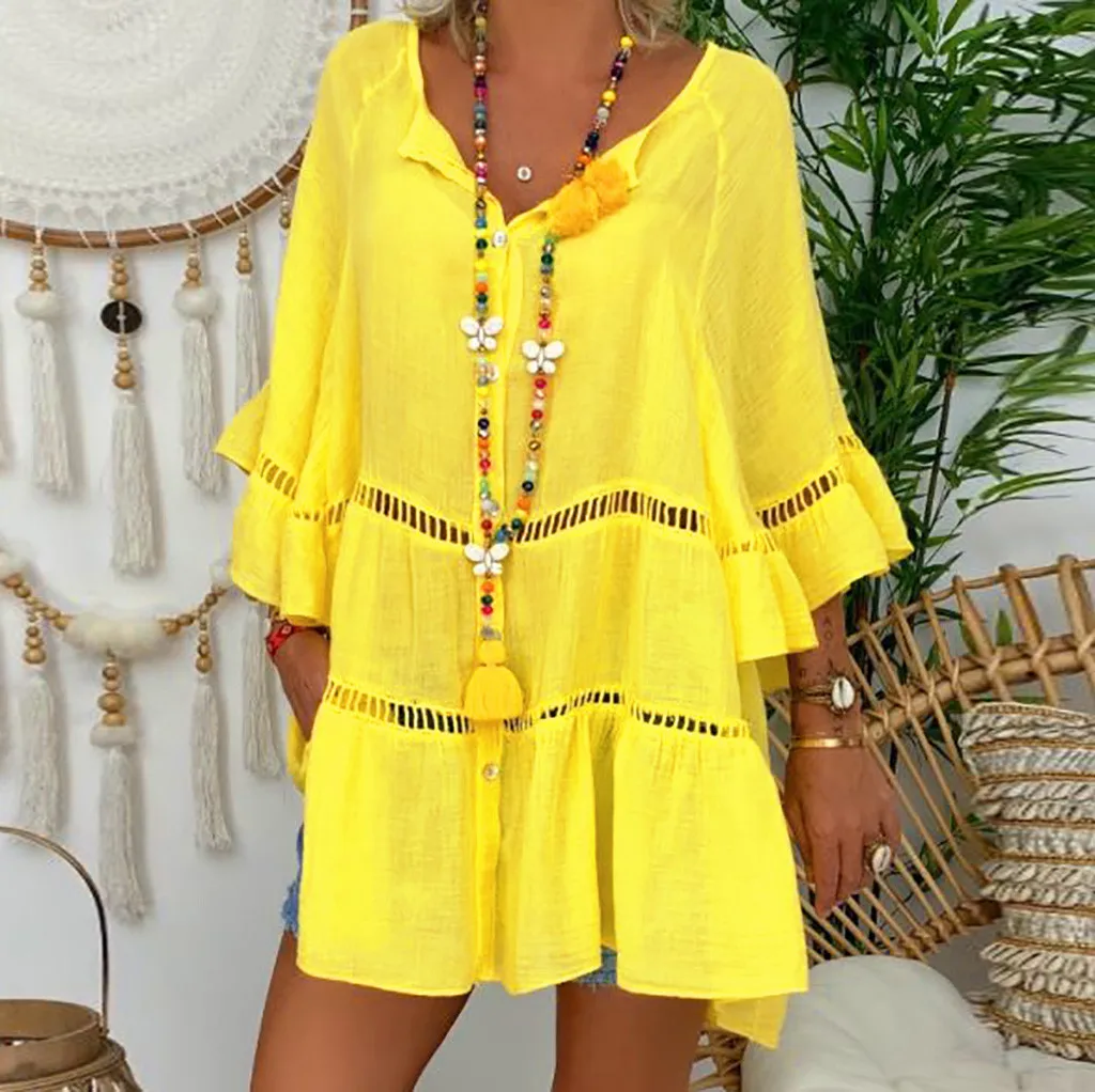 

2022 Women's Dress Hollow Out Ruffle Cotton Linen Plus Size Dresses V-neck Flared Sleeves Loose Irregular Pullover Beach Vestido