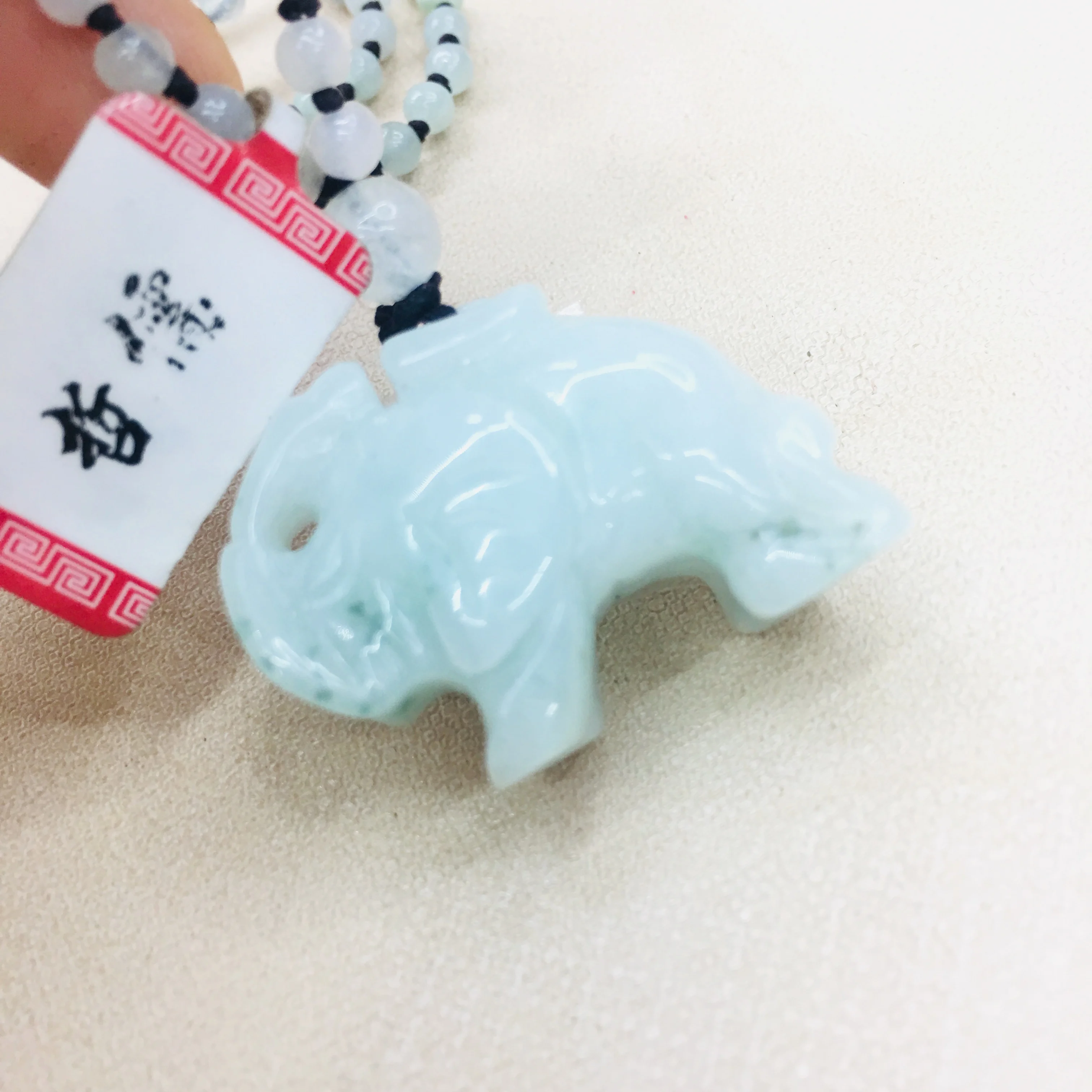 

Natural Burmese Emerald Jade Carving Elephant Pendant with Three Colored Jade Bead Necklace Sweater Chain