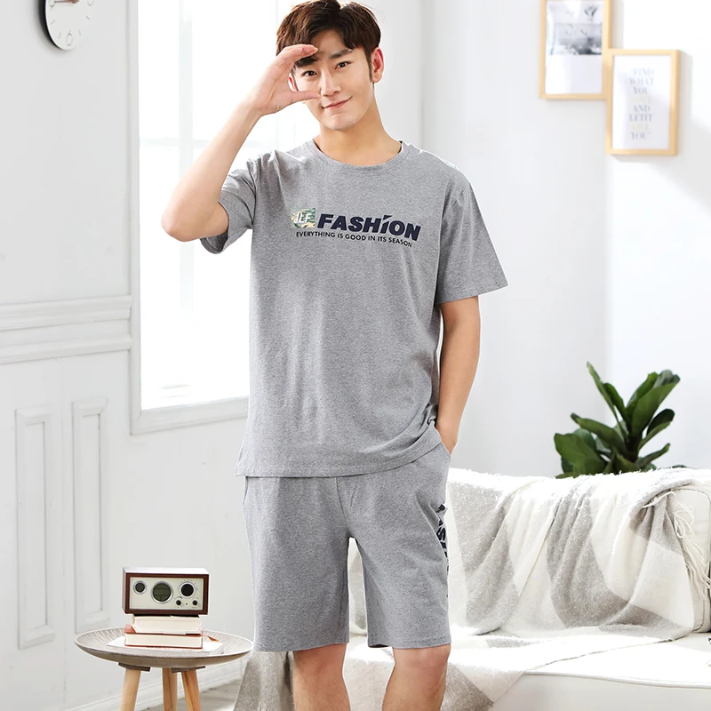 

Summer Loose Leisure Elastic Waist Men Sleepwear Cotton Men's Pajamas Set Men's Short Sleeve Nightwear Short Top Pant Outwear