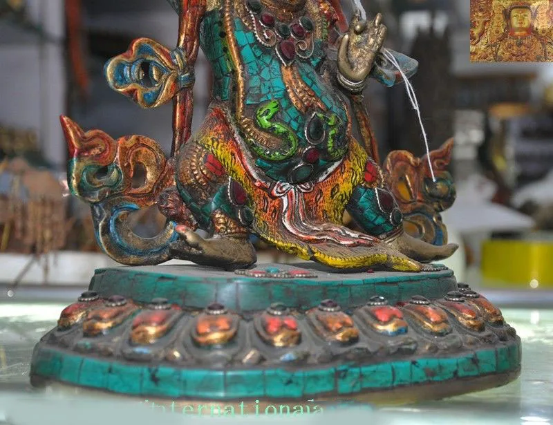 

wedding decoration Tibet Buddhism bronze Inlay turquoise gem Mahakala Wrathful Deity Buddha Statue New Year