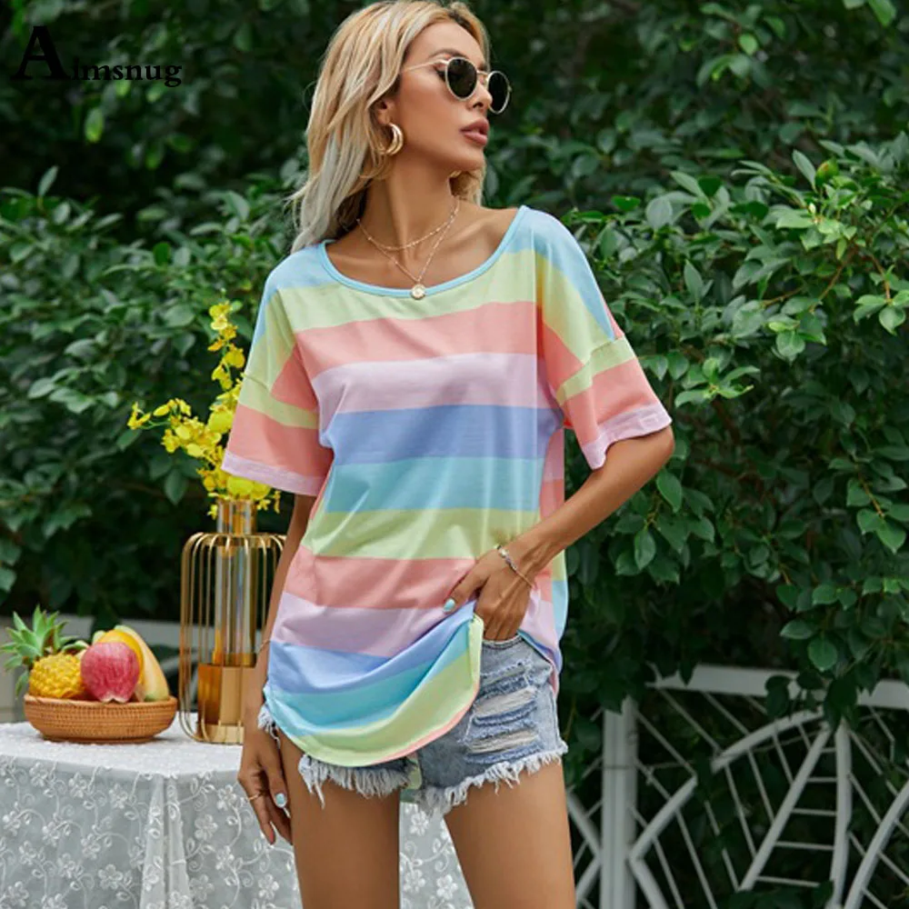 

Plus Size 4xl 5xl Ladies Elegant Leisure Casual Long T-shirt Rainbow Stripe Print Women's Top Clothing 2021 Summer Tees shirt