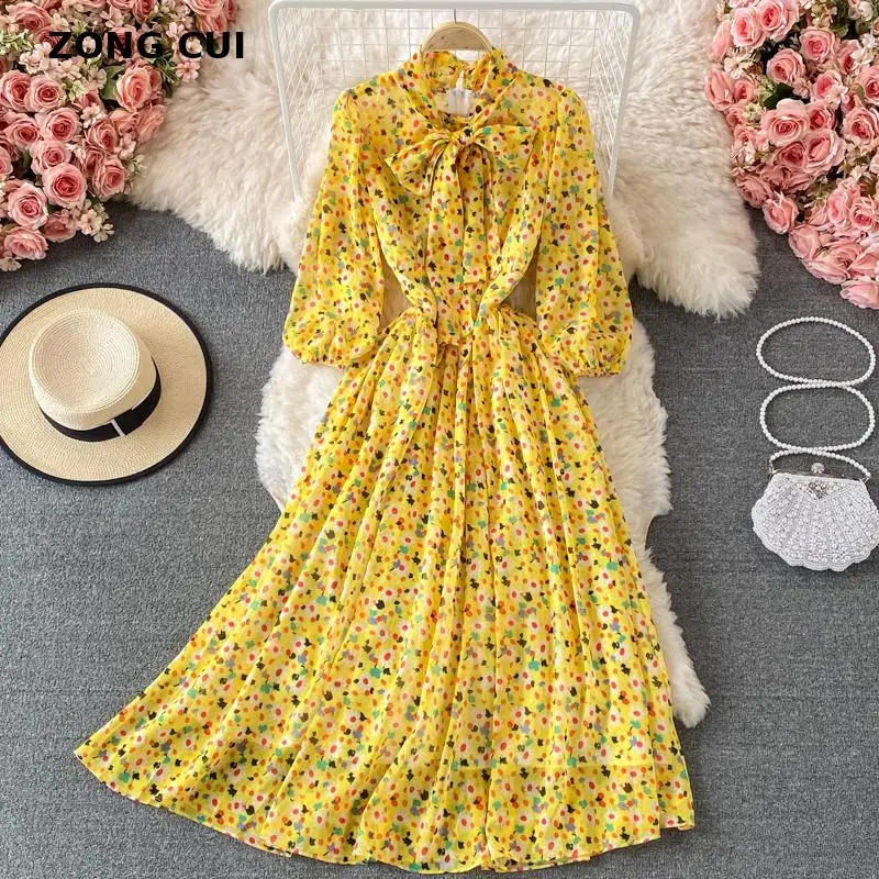

High quality chiffon long sleeve MIDI dress women's new bow collar high waist print yellow Maxi Dress vestidos autumn 2021 gown