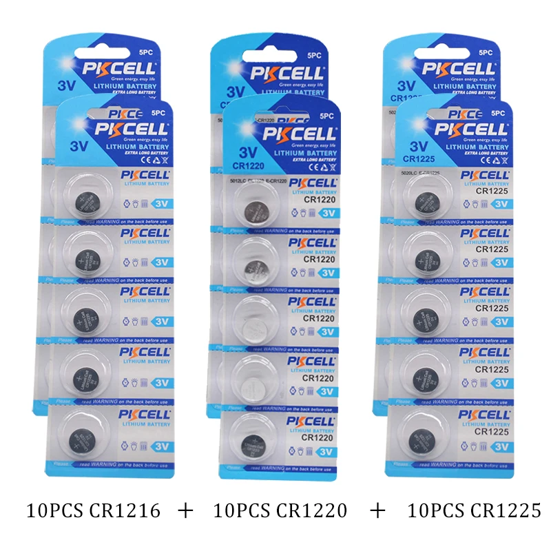 PKCELL 10 шт/2 карты CR1216 + CR1220 CR1225 3V литиевая батарея Кнопка сухая ячейка всего 30 шт
