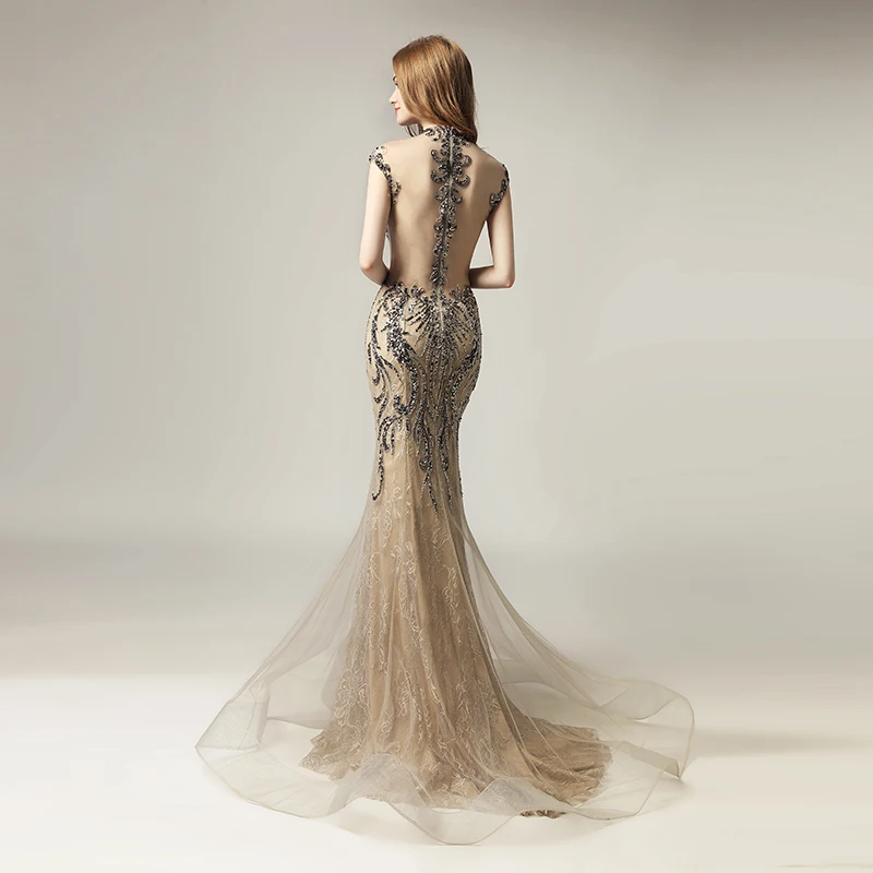 Robe De Soiree новые сексуальные платья Мокко Русалка Формальное вечернее платье с кристаллами бисером тюль женские вечерние платья LSX430