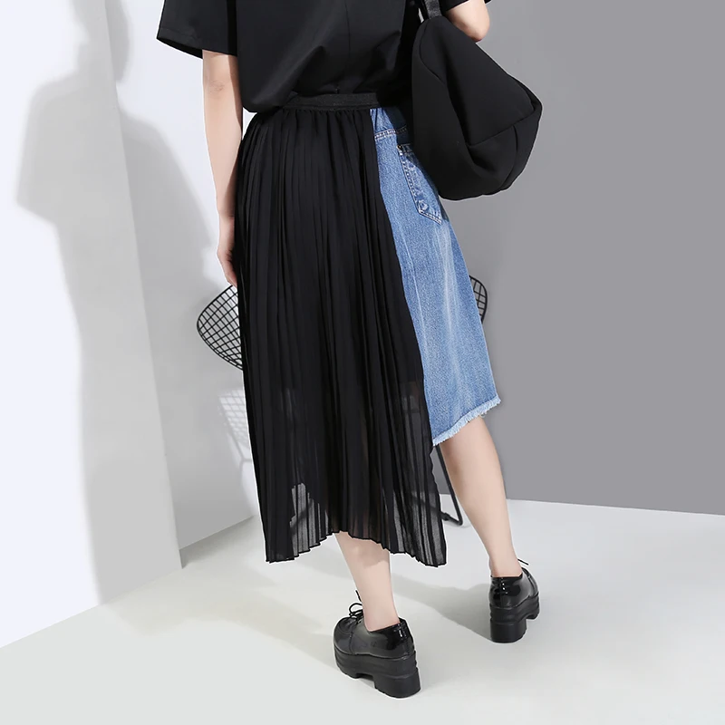 Женская джинсовая юбка составного кроя Повседневная плиссированная шифоновая с