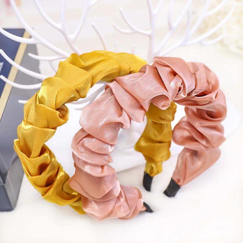 

12pcs New Quality Bright Silk Hairbands Women European American Hair Accessories Girls Shinny Fabric Folds Solid Color Headband
