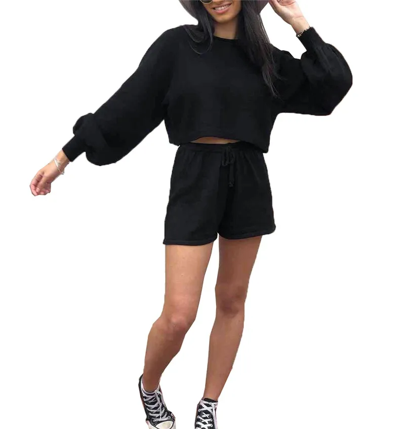 

Casual Women Sets Long Sleeve Shorts Suit Autumn Loose Casual Home Sport Solid Top and Shorts Sets Streetwear