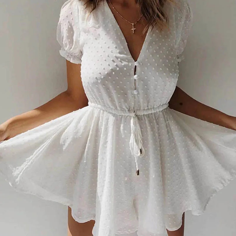 

Fashion Polka Dot Romper White Sexy V Neck Short Sleeve Elastic Waist 2021 Summer Women Slim Patchwork Cascading Ruffle Jumpsuit