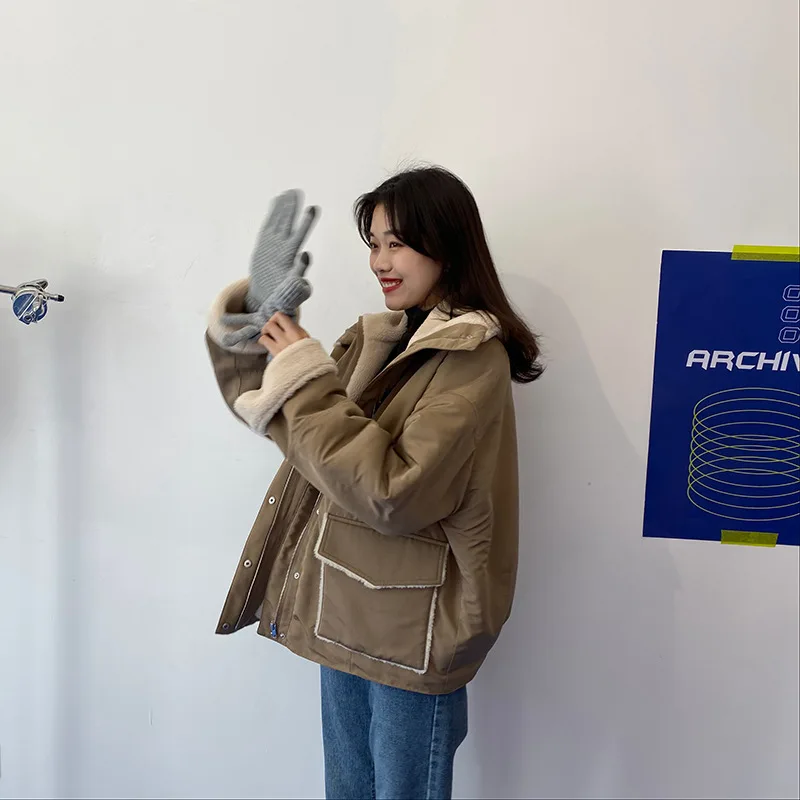 Вертикальный стоячий воротник шерсть ягненка плюс бархат мотоциклетная Женская