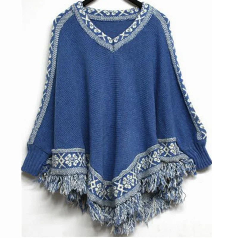 

Women's V-neck Knit Tassel Pullover Sweater Cape Shawl Wrap