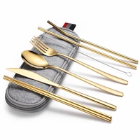 camping tableware cutlery set gold portable golden cutlery travel fork spoon knife set chopsticks straw dinnerware set bag