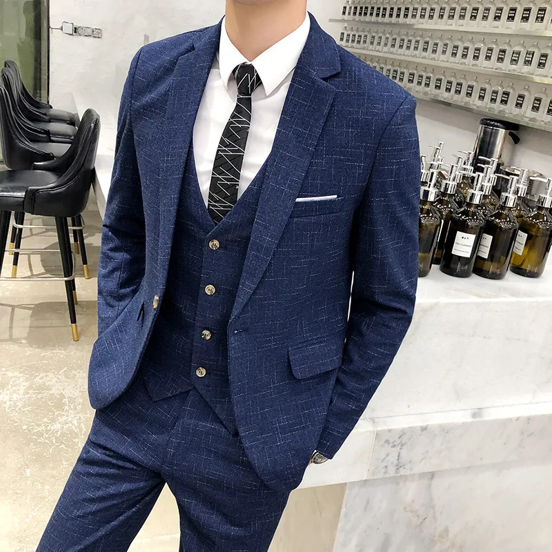 

Three-piece Men Formal Business Groom Suit Sets for Men's Fashion Boutique Plaid Wedding Dress Suit ( Jacket + Vest + Pants )