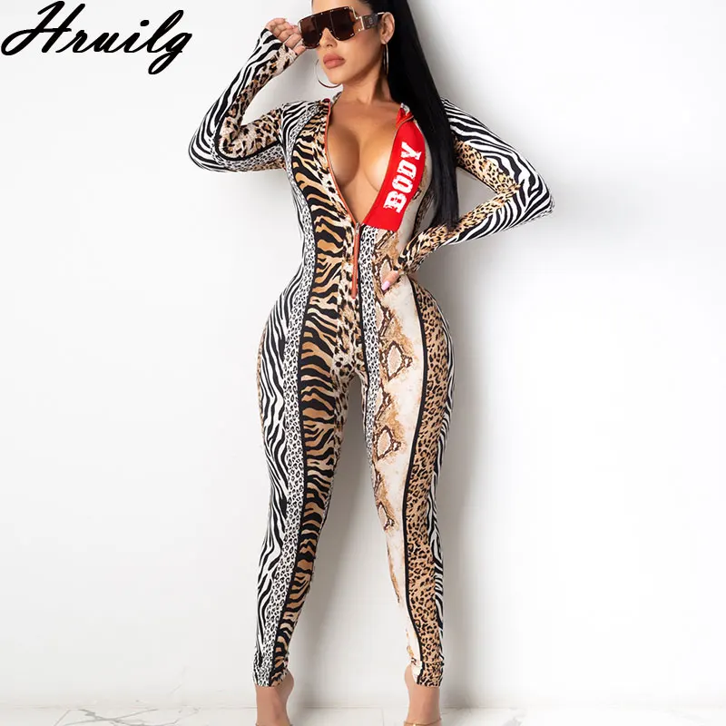

Women's Clothes Long Sleeve Zipper Snake Leopard Letter Print Sexy Fashion Women Jumpsuits 2020 Hooded Casual Bodycon Overalls