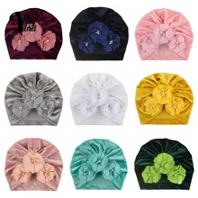 Yundfly High Quality Gold Velvet Newborn Hat Hand Sewing Beads Flowers Baby Girls Cap Cute Floral Headwear Kids Hair Accessories