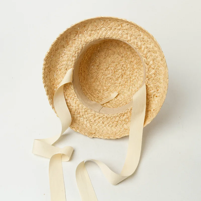 

Hand-made raffia straw retro flat top fold down brim children's straw hat boys girls travel sun protection vacation straw hat