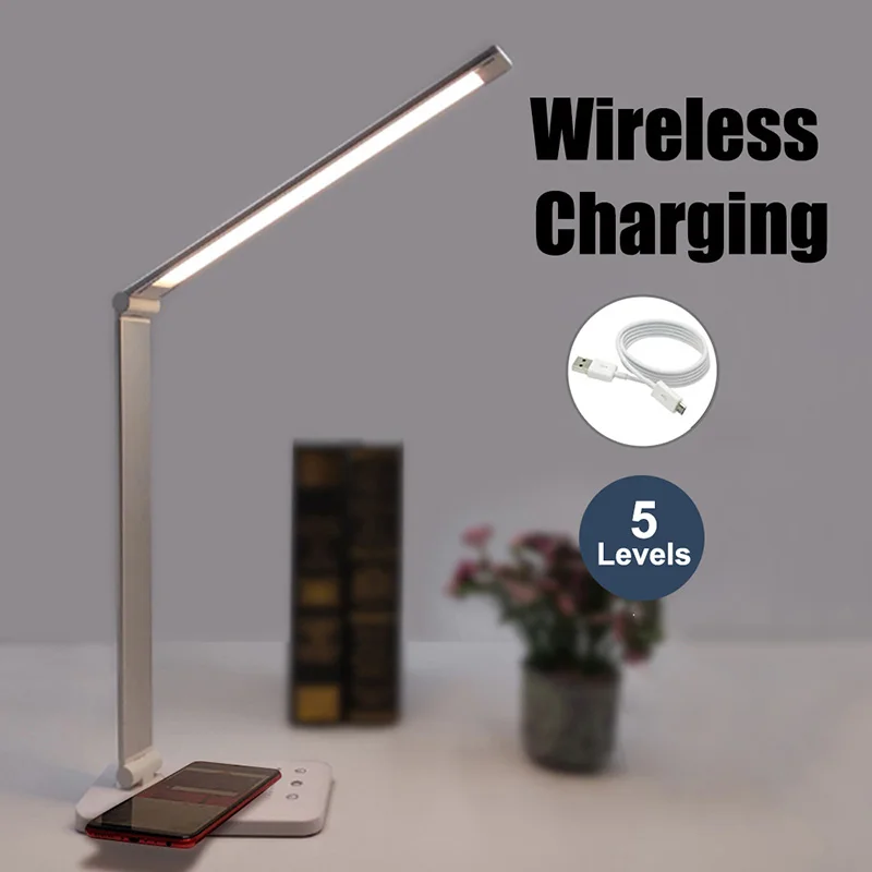 5Lv Wireless Charge Светодиодный светильник для защиты глаз, складной сенсорный переключатель, 3/5 уровень затемнения, USB настольная лампа для чтения, Беспроводная зарядка для мобильного заряда - Цвет корпуса: 5Lv Wireless Charge