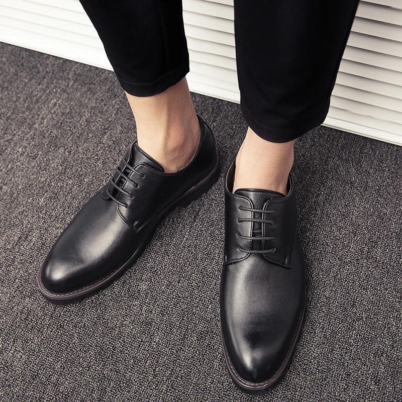 Туфли-оксфорды мужские кожаные с острым носком на шнуровке Осень-зима