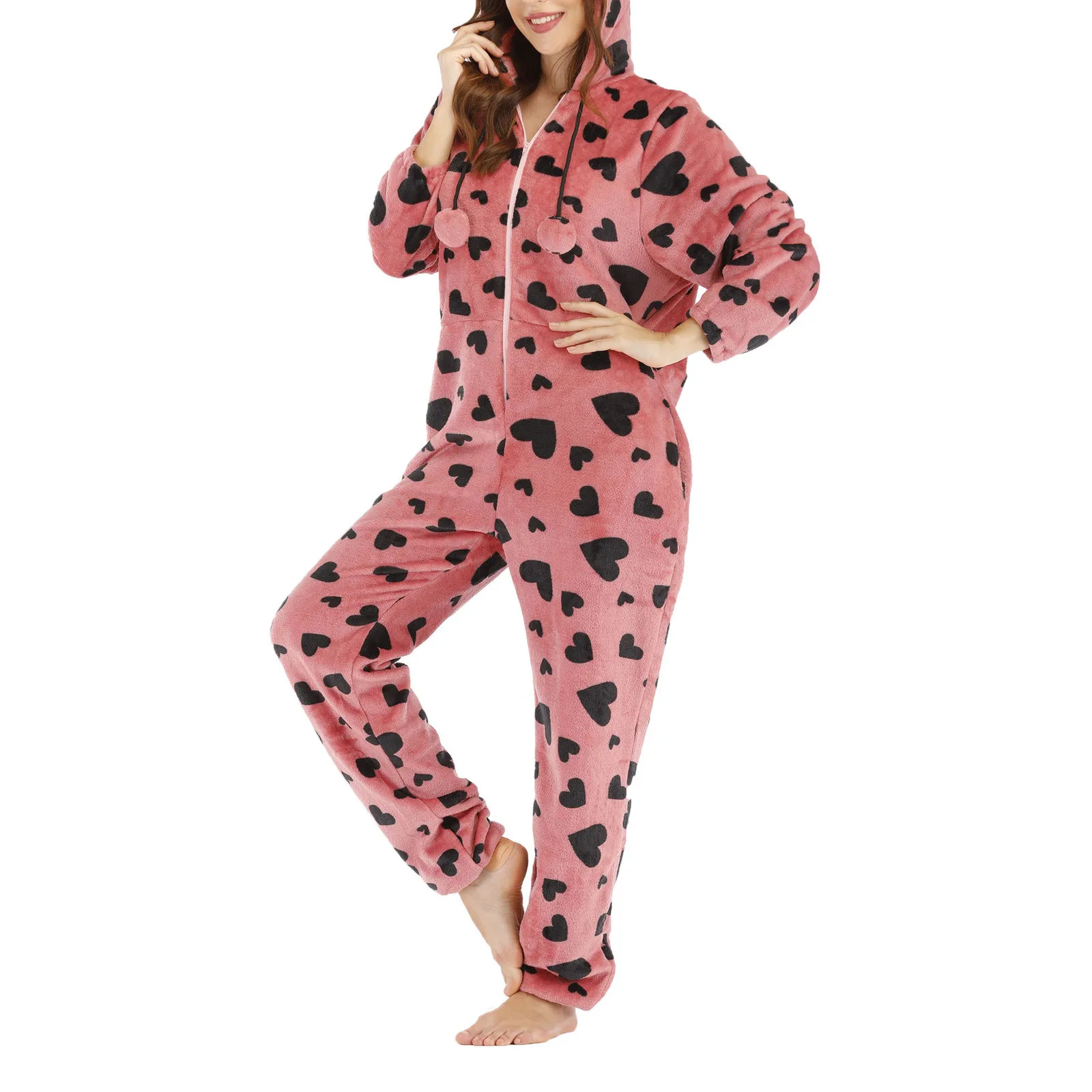 

Ladies Onesies Sleepwear Red Love Printed Long Sleeve Zipper Hooded Earless Jumpsuit For Home Wear Jumpsuit Pyjama Sleepwear D4