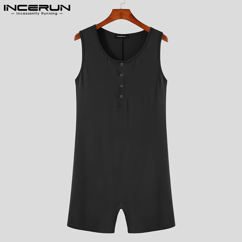 

2021 Men Pajamas Romper Solid Color O Neck Sleeveless Nightwear Leisure Playsuits Cozy Men Jumpsuits Homewear INCERUN Plus Size